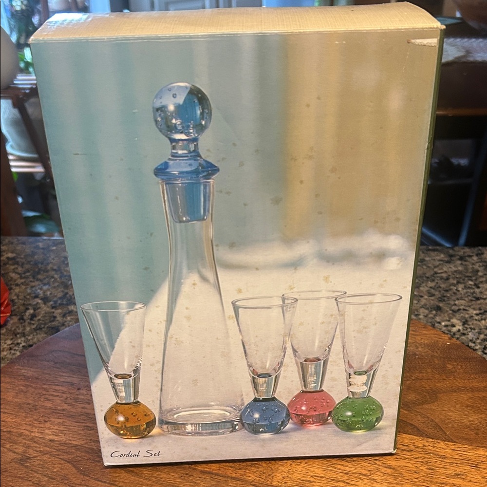 Elegant vintage Glass Cordial Set with Blue, Pink, and Green Accents
